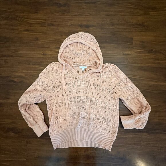 Lauren Conrad LC Women's Soft Pink Open Knit Hooded Sweater Size M Beachy - Picture 4 of 8